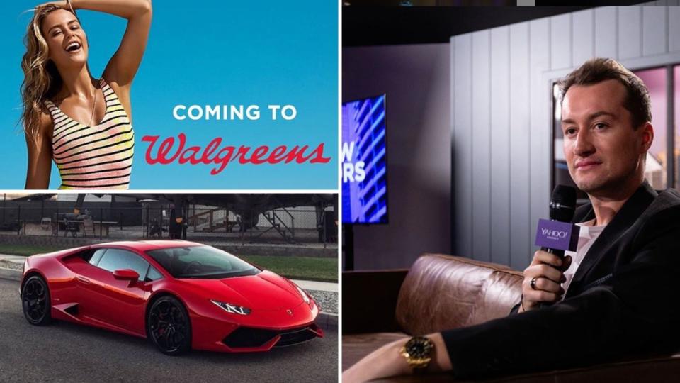 Composite image with model advertising Bondi Sands, Shaun Wilson and his Lamborghini.