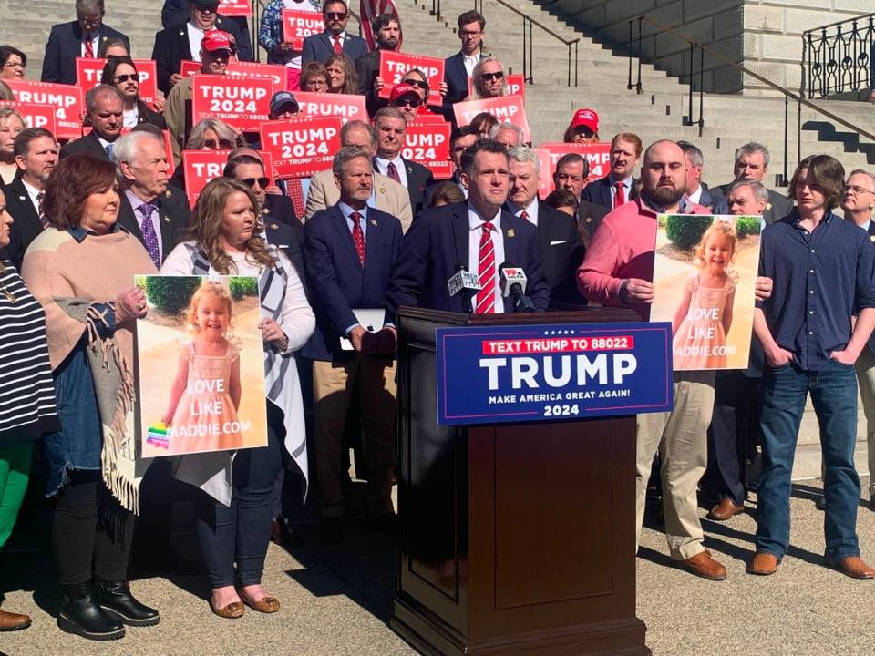 State Rep. Stewart Jones, R-Laurens, speaks at a Trump campaign news conference on Thursday, Feb. 1, 2024 outside of the South Carolina State House. During the news conference, Jones spoke about his goddaughter, Maddie Hines, who was killed by a reckless driver who previously was deported during the Trump administration, but was allowed to stay during the Biden administration.