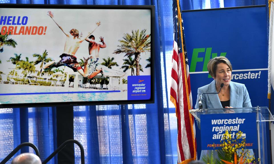 Gov. Maura Healey makes an announcement regarding new JetBlue service at Worcester Regional Airport.