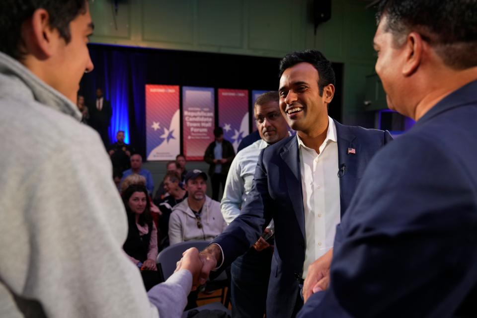 Republican presidential candidate Vivek Ramaswamy greets supporters before he speaks during the Seacoast Media Group and USA TODAY Network 2024 Republican Presidential Candidate Town Hall Forum held in the historic Exeter Town Hall in Exeter, New Hampshire. The entrepreneur spoke to prospective New Hampshire voters about issues during the hour-long forum.