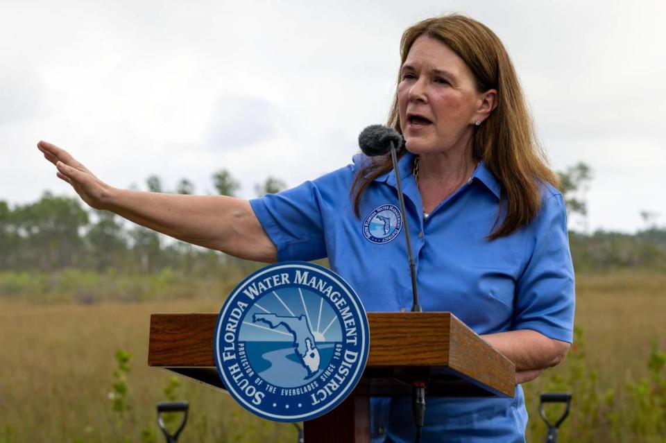 South Floirda Water Management District Board Member Cheryl Meads speaks during a press conference announcing the Taylor Slough Flow Improvement Project which will make additional modifications to the Old Ingraham Highway (OIH) to improve hydrologic and ecological connectivity of surface water within Taylor Slough in Everglades National Park at Ernest F. Coe Visitor Center in Homestead, Florida, on Thursday, January 26, 2023. The goal of the Taylor Slough Flow Improvement Project is to reduce flow impediments and short-circuiting of freshwater flow to Taylor Slough caused by Old Ingraham Highway.