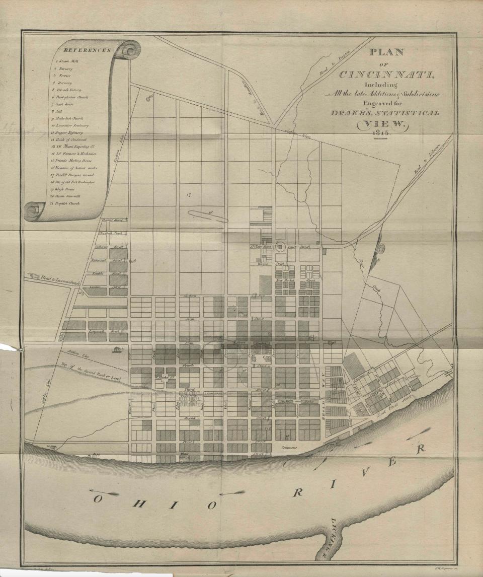 Map of Cincinnati, 1815, from “Natural and Statistical View, or Picture of Cincinnati and the Miami Country” by Daniel Drake. The locations of burial mounds and earthworks are marked (16), including a wide mound in the center of the city.