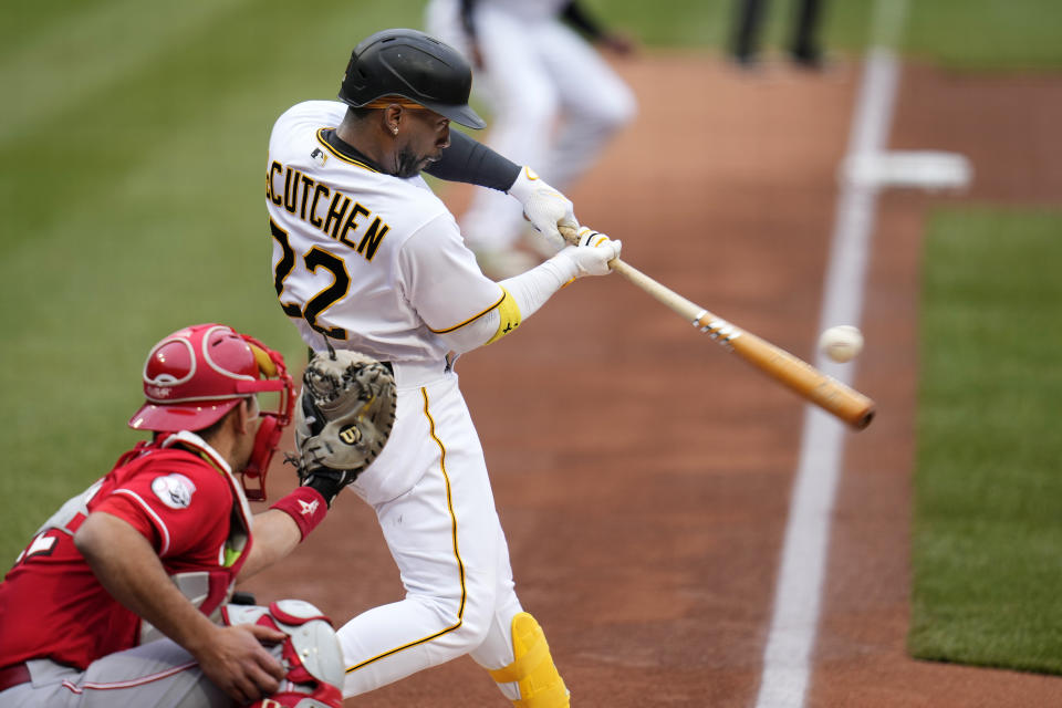 Pittsburgh Pirates' Andrew McCutchen (22) grounds out against Cincinnati Reds starting pitcher Hunter Greene (not shown) but drives in a run during the first inning of baseball game in Pittsburgh, Sunday, April 23, 2023. (AP Photo/Gene J. Puskar)