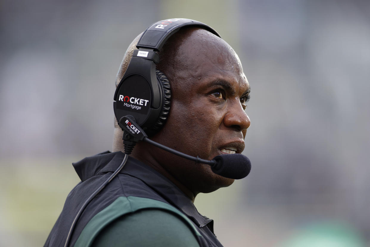 Michigan State coach Mel Tucker watches from the sideline against Minnesota, Saturday, Sept. 24, 2022, in East Lansing, Mich. Minnesota won 34-7. (AP Photo/Al Goldis)