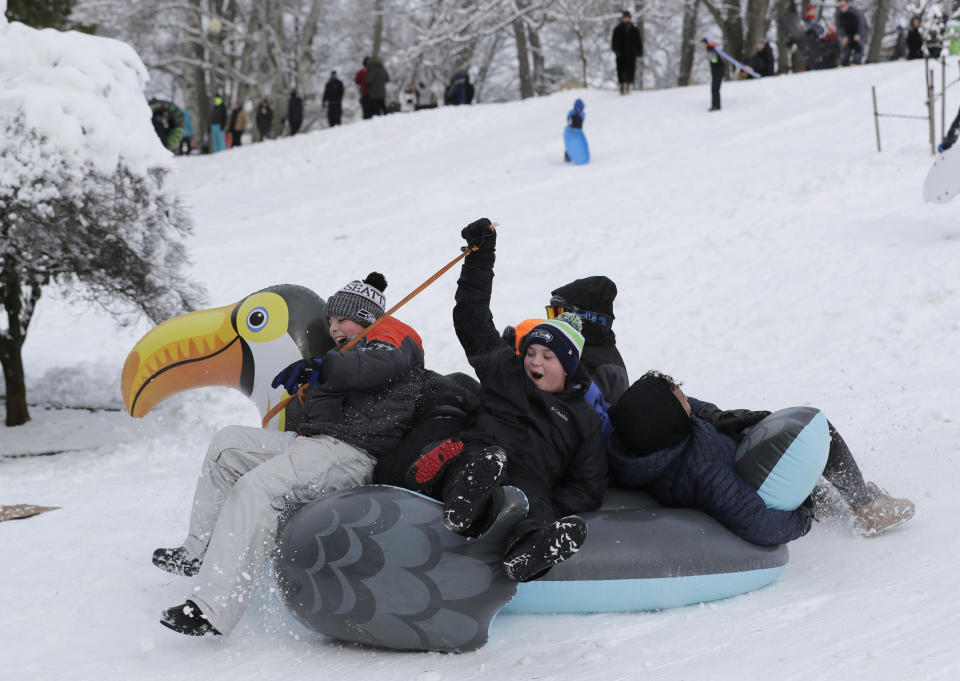 Sledders slide down a hill on an inflatable bird, Saturday, Feb. 9, 2019, at Wright Park in Tacoma, Wash. A winter storm that blanketed Washington state with snow moved south into Oregon Saturday and meteorologists warned that yet more winter weather was on the way. (AP Photo/Ted S. Warren)