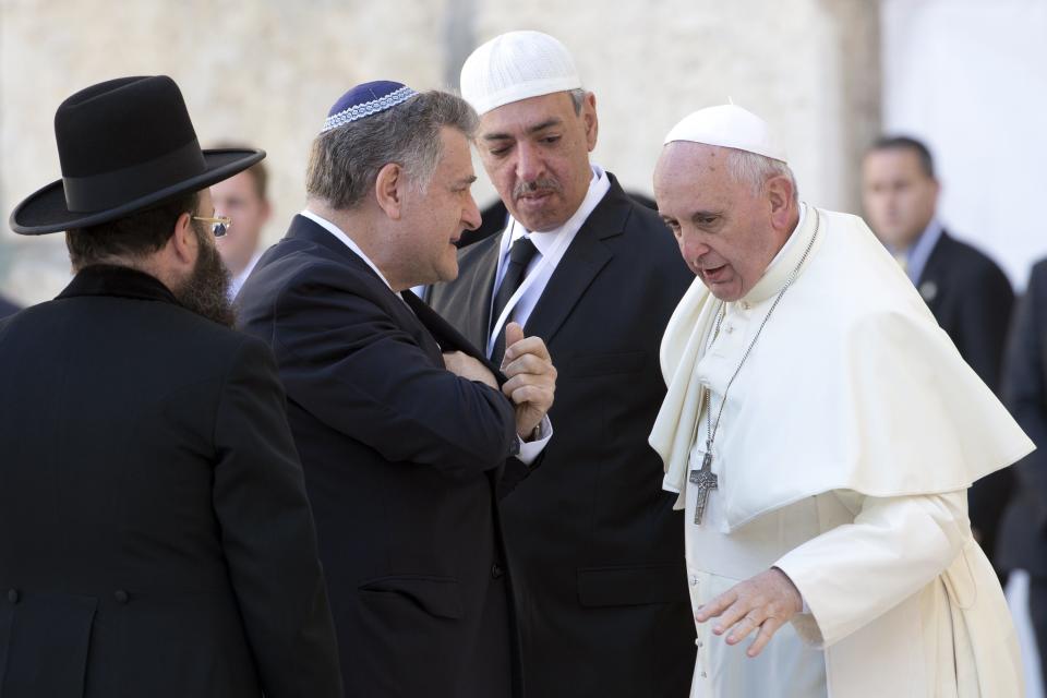 Pope Francis meets Rabbi Abraham Skorka and Omar Abboud during visit to Western Wall in Jerusalem's Old City