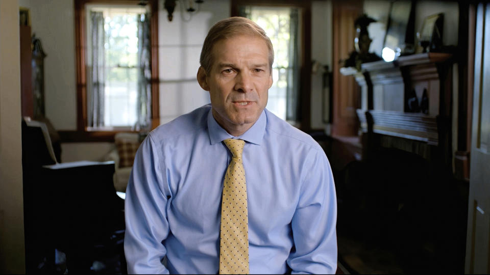 In this image from video, Rep. Jim Jordan, R-Ohio, speaks from Washington, during the first night of the Republican National Convention Monday, Aug. 24, 2020.(Courtesy of the Committee on Arrangements for the 2020 Republican National Committee via AP)