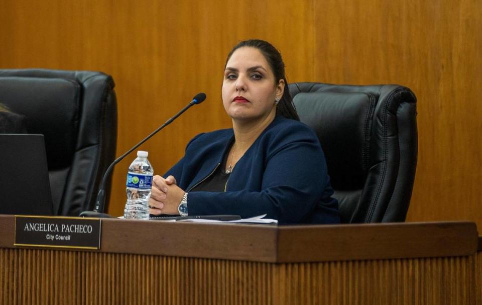 Hialeah Councilwoman Angelica Pacheco reacts during a meeting that included the first reading of the proposed ordinance that modifies a chapter of the code on commercial vehicles, recreational vehicles, boats or watercraft, at City Hall, Tuesday, January 9, 2024.