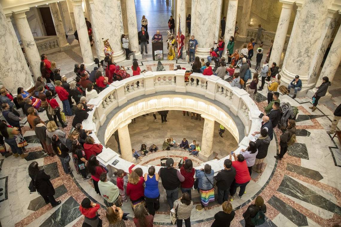 To celebrate the governor’s proclamation of Idaho’s first Indigenous People’s Day, people gathered in the Capitol Rotunda for drumming, speeches and a sense of community. The gathering was organized by Indigenous Idaho Alliance.