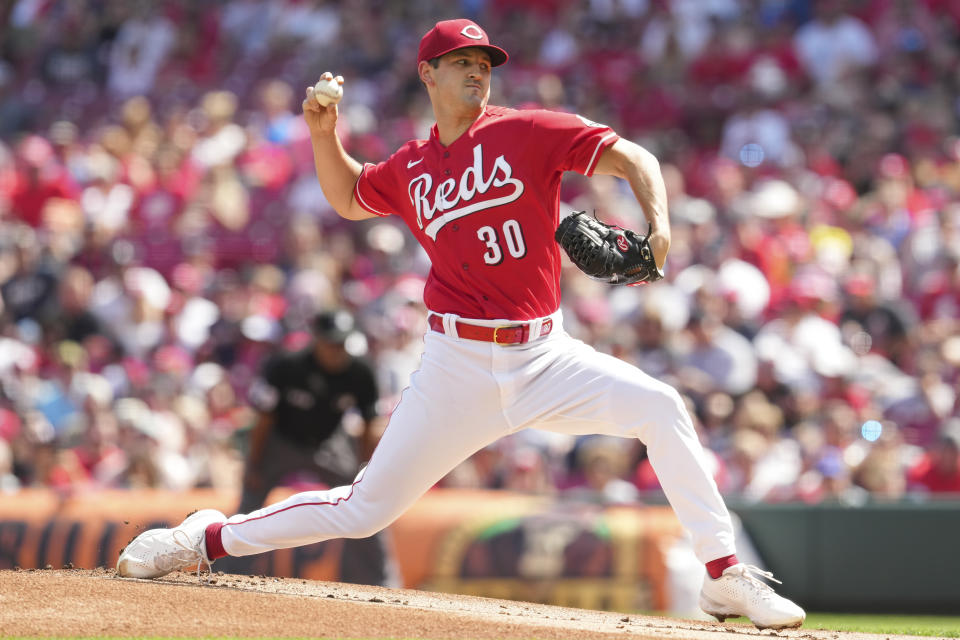 Cincinnati Reds starting pitcher Tyler Mahle throws during the first inning of a baseball game against the Atlanta Braves, Saturday, July 2, 2022, in Cincinnati. (AP Photo/Jeff Dean)