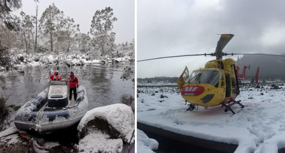 Pictured is a frosty rescue boat and helicopter.