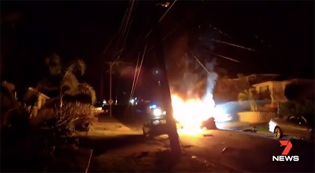 Dramatic footage shows the moment residents risked their own safety to pull one of the men from the wreckage before a fireball erupted, gutting the car.