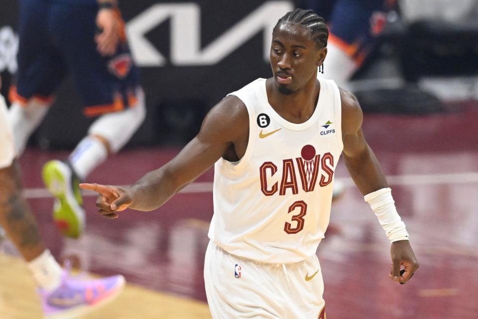 Cleveland Cavaliers guard Caris LeVert (3) celebrates a 3-pointer in the first quarter of Game 5 of the 2023 NBA playoffs against the New York Knicks at Rocket Mortgage FieldHouse.