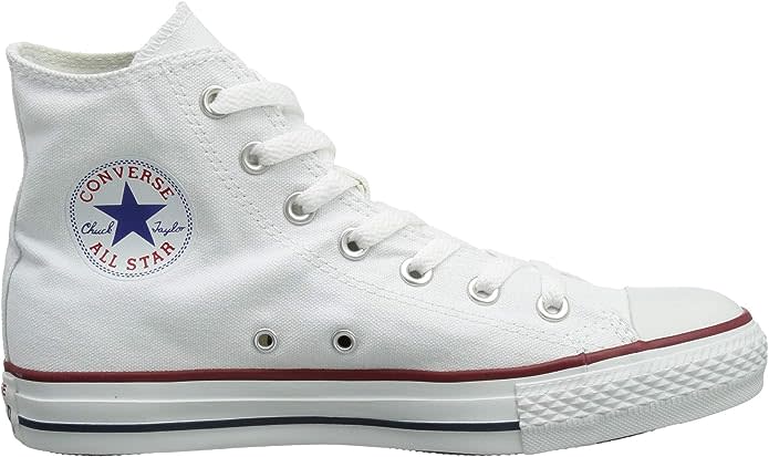 white converse with red, white and blue rubber sole