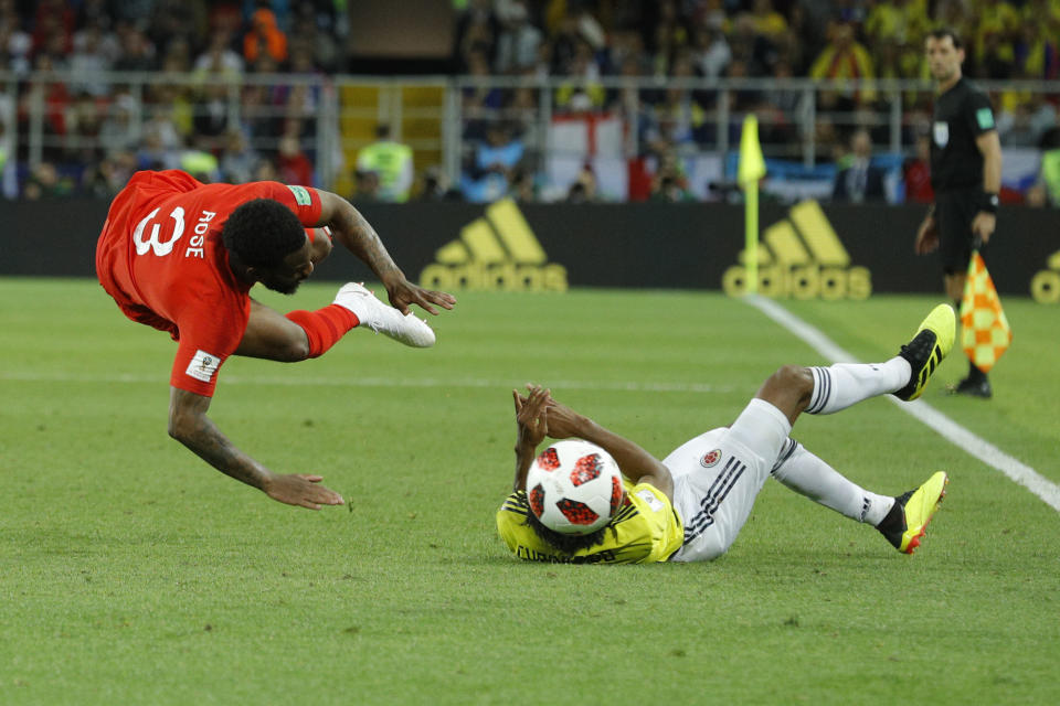 <p>Colombia’s Juan Cuadrado, right, fouls England’s Danny Rose during the round of 16 match between Colombia and England at the 2018 soccer World Cup in the Spartak Stadium, in Moscow, Russia, Tuesday, July 3, 2018. (AP Photo/Victor R. Caivano) </p>