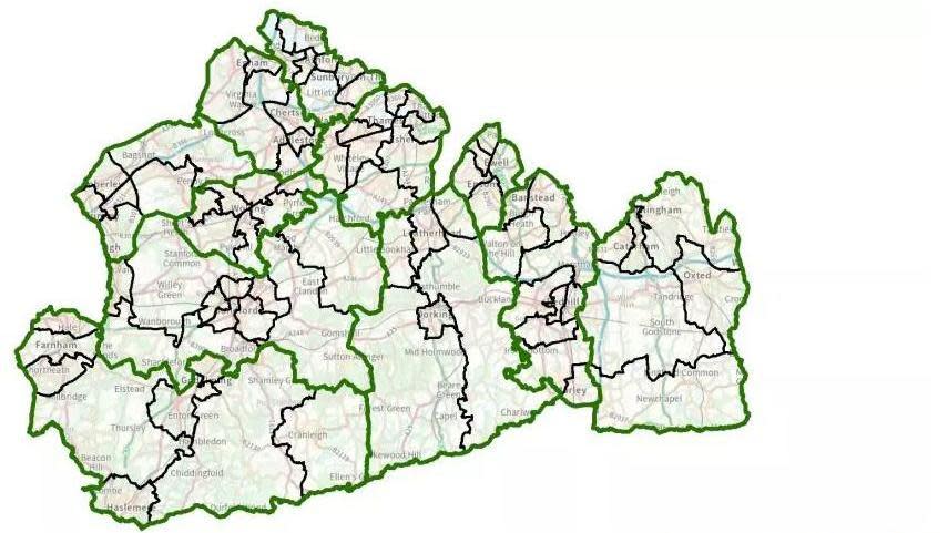 Map of proposed changes to Surrey County Council wards