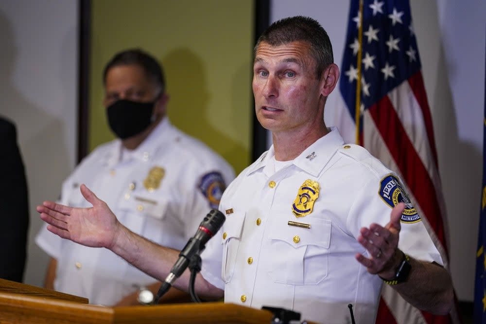 Deputy Chief Craig McCartt of the Indianapolis Metropolitan Police Department speaks at a news conference following a shooting at a FedEx facility in Indianapolis, Friday, April 16, 2021. (AP Photo/Michael Conroy)