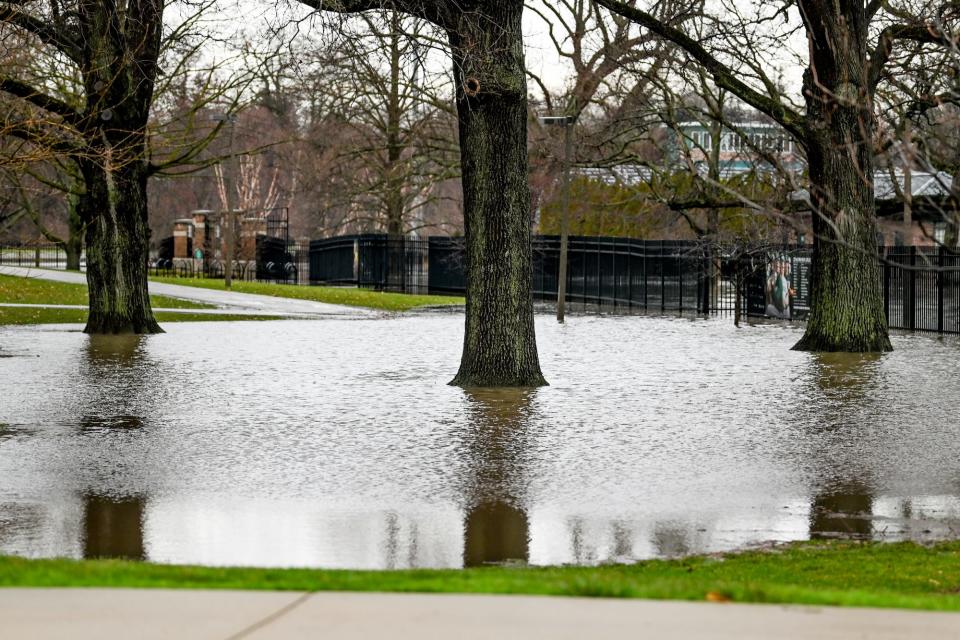 An area near the soccer, softball and baseball fields is flooded after a storm on Wednesday, April 5, 2023, on the Michigan State campus in East Lansing.