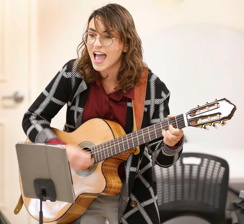Music therapist Rachel Davis, of Sing Explore Create in Rockland, works with seniors at the Milton Senior Center, part of a new six-week music and wellness course called "Let's Make Music," on Wednesday, Oct. 5, 2022.
