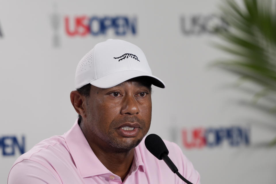 Tiger Woods speaks during a news conference at the U.S. Open golf tournament Tuesday, June 11, 2024, in Pinehurst, N.C. (AP Photo/Matt York)