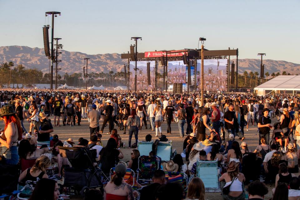 Festivalgoers fill the Empire Polo Club as Bailey Zimmerman performs on the Mane Stage during Stagecoach in Indio, Calif., on Sunday, April 28, 2024.