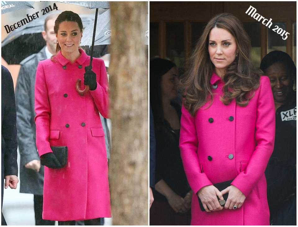 Kate wore the hot pink Mulberry coat during her royal trip to New York in December 2014 and again in March 2015. (<em>Photos: Getty)</em>