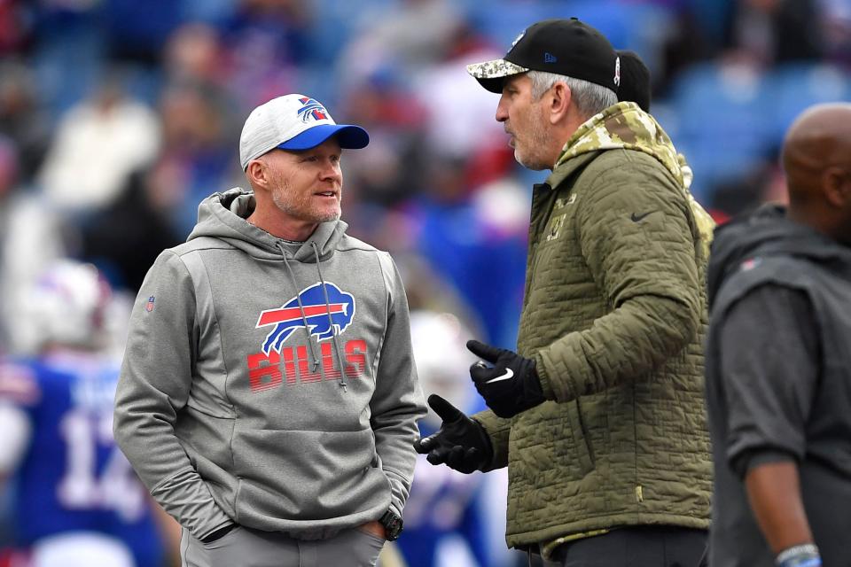 Buffalo Bills head coach Sean McDermott, left, and Indianapolis Colts head coach Frank Reich talk on the field during warmups in Orchard Park, N.Y., Sunday, Nov. 21, 2021.