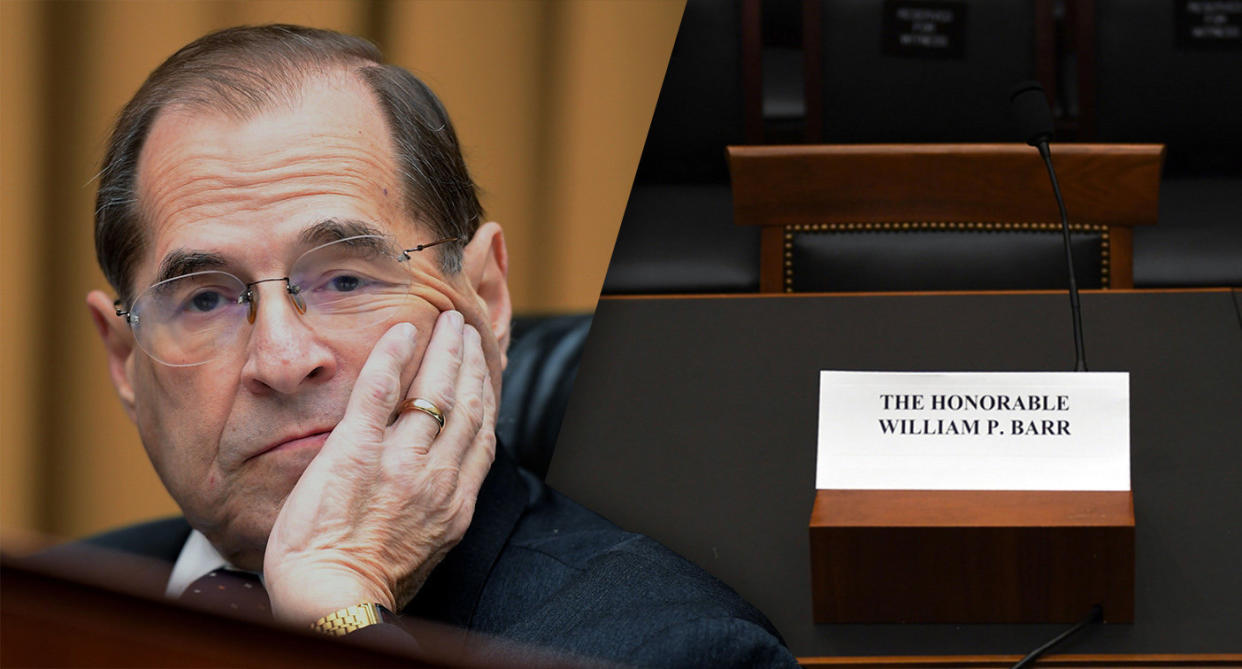 House Judiciary Committee Chairman Jerry Nadler, D-N.Y., looks on as Attorney General Bill Barr fails to attend a hearing before the committee on Capitol Hill in Washington, D.C., on Thursday. (Photos: Jim Watson/AFP/Getty Images)
