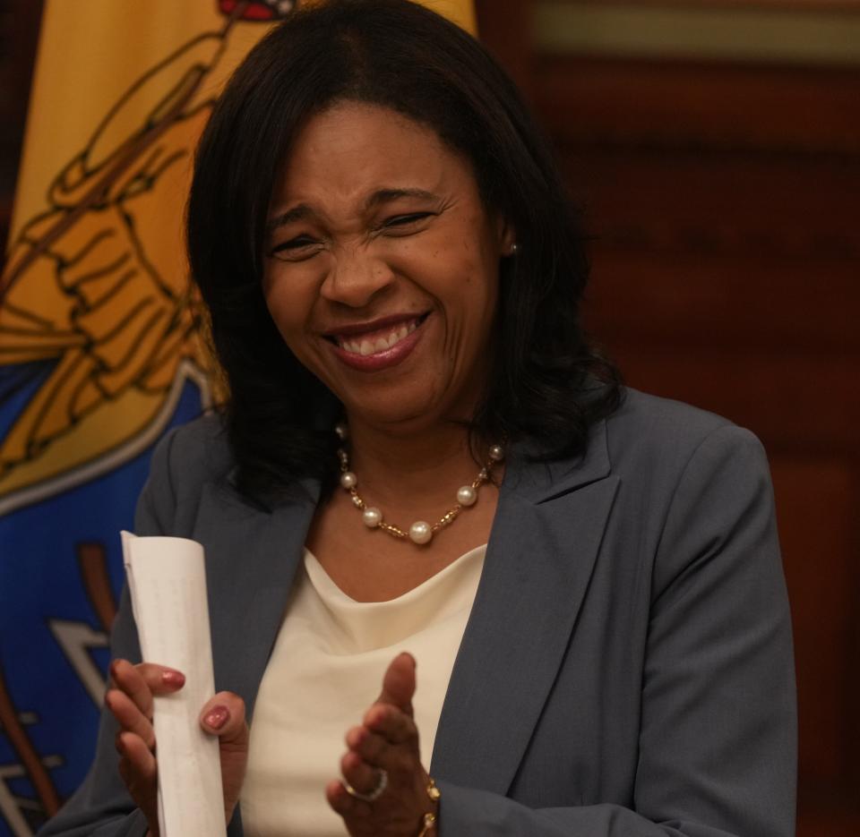 Trenton, NJ September 8, 2023 -- Tahesha Way was sworn in as the new New Jersey Lt. Governor, replacing the late Sheila Oliver. The ceremony took place outside Governor Phil Murphy's office in the NJ Statehouse on September 8, 2023.