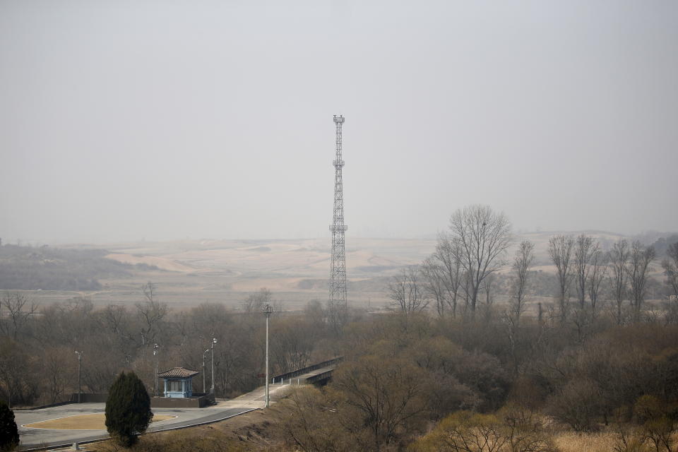 North Korea's surveillance cameras sit on the top of a steel tower to overlook the south, near the truce village of Panmunjom, South Korea, March 30, 2016. REUTERS/Kim Hong-Ji