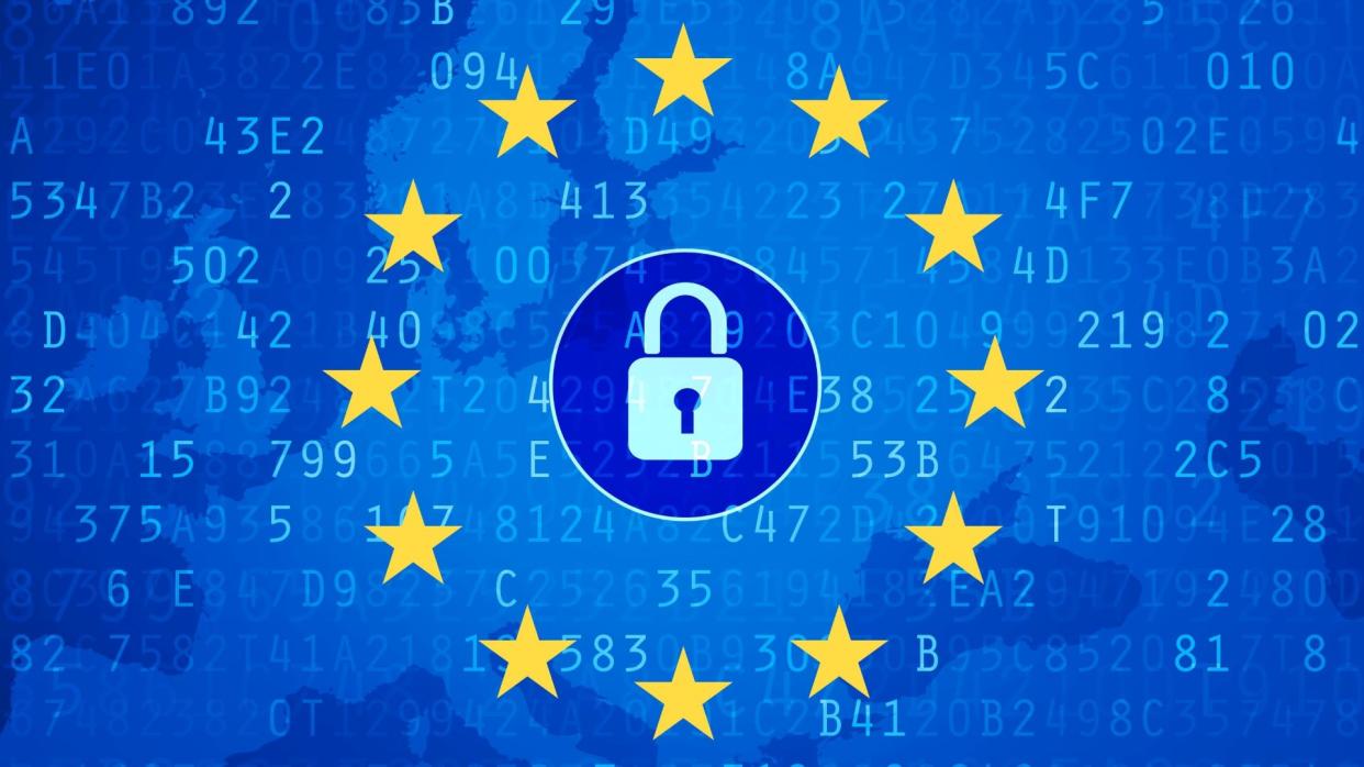  European Union flag overlaid on a map of Europe with an encryption concept and padlock visual. 