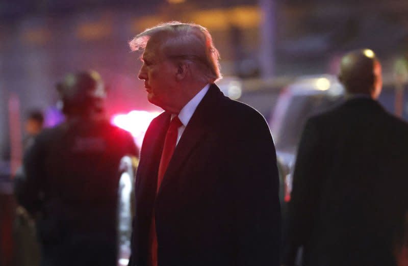 Former president Donald J. Trump arrives at 40 Wall Street for a press conference after listening to journalist E. Jean Carroll testify in federal court for her second civil defamation damages trial against Trump in New York City on Wednesday. Photo by John Angelillo/UPI