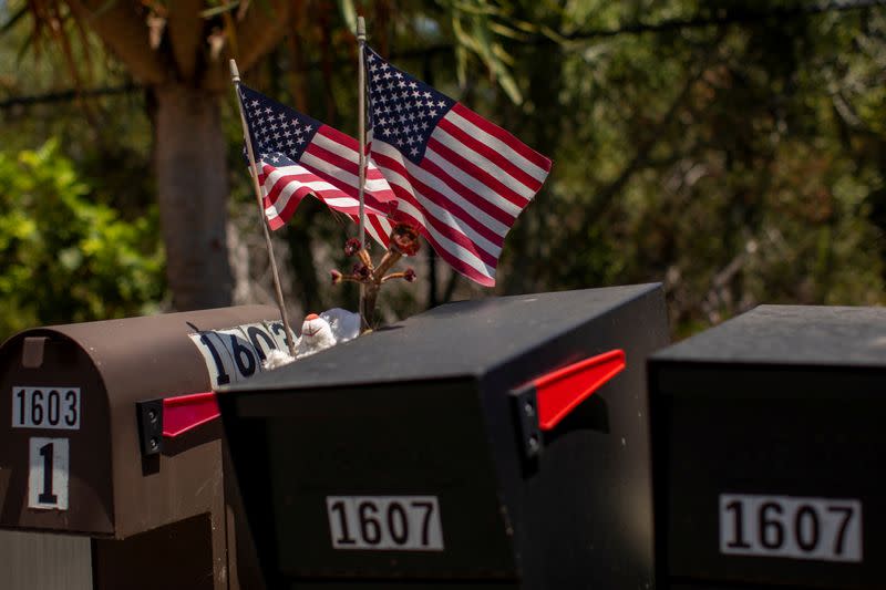 FILE PHOTO: Residents decorate their U.S. postal mail boxes with U.S. flags during the outbreak of the coronavirus disease in California