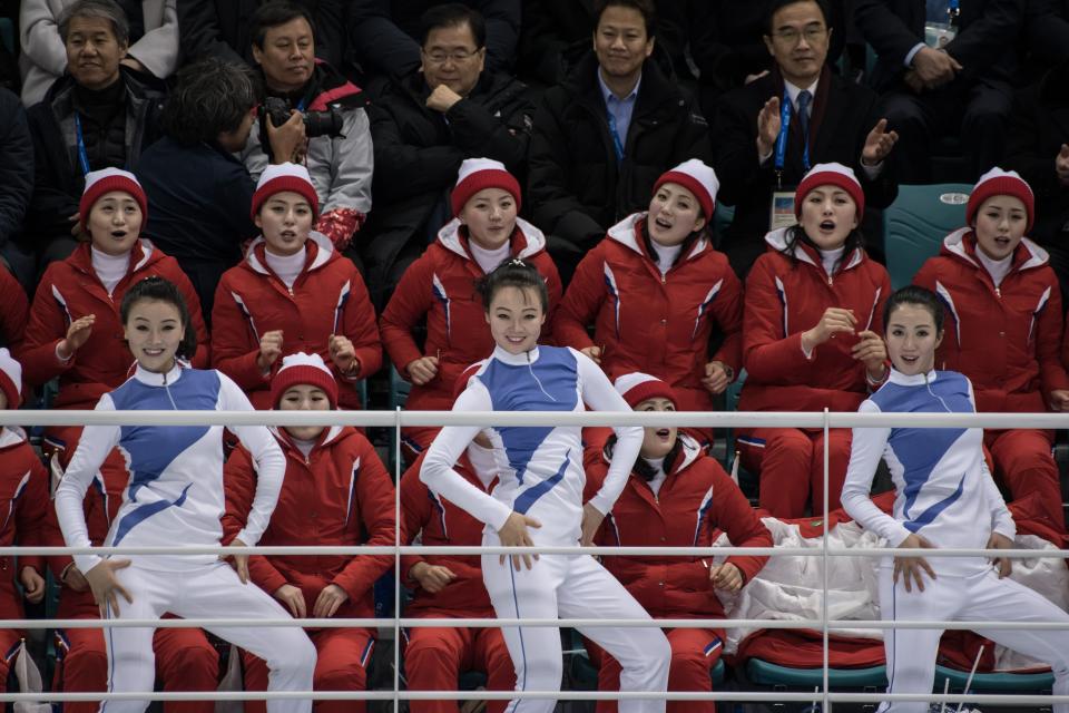 <p>North Korean cheerleaders perform during the women’s preliminary round ice hockey match between the unified Korea team loose to Switzerland at the Pyeongchang 2018 Winter Olympics, at the Gangneung Ice Arena in Gangneung on February 10, 2018. </p>