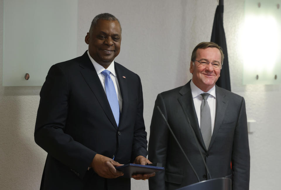 New German Defence Minister Boris Pistorius (R) and U.S. Secretary of Defence Lloyd Austin give statements to the media at the Defence Ministry shortly after Pistorius was sworn in on January 19, 2023 in Berlin, Germany. / Credit: SeanGallup / Getty Images