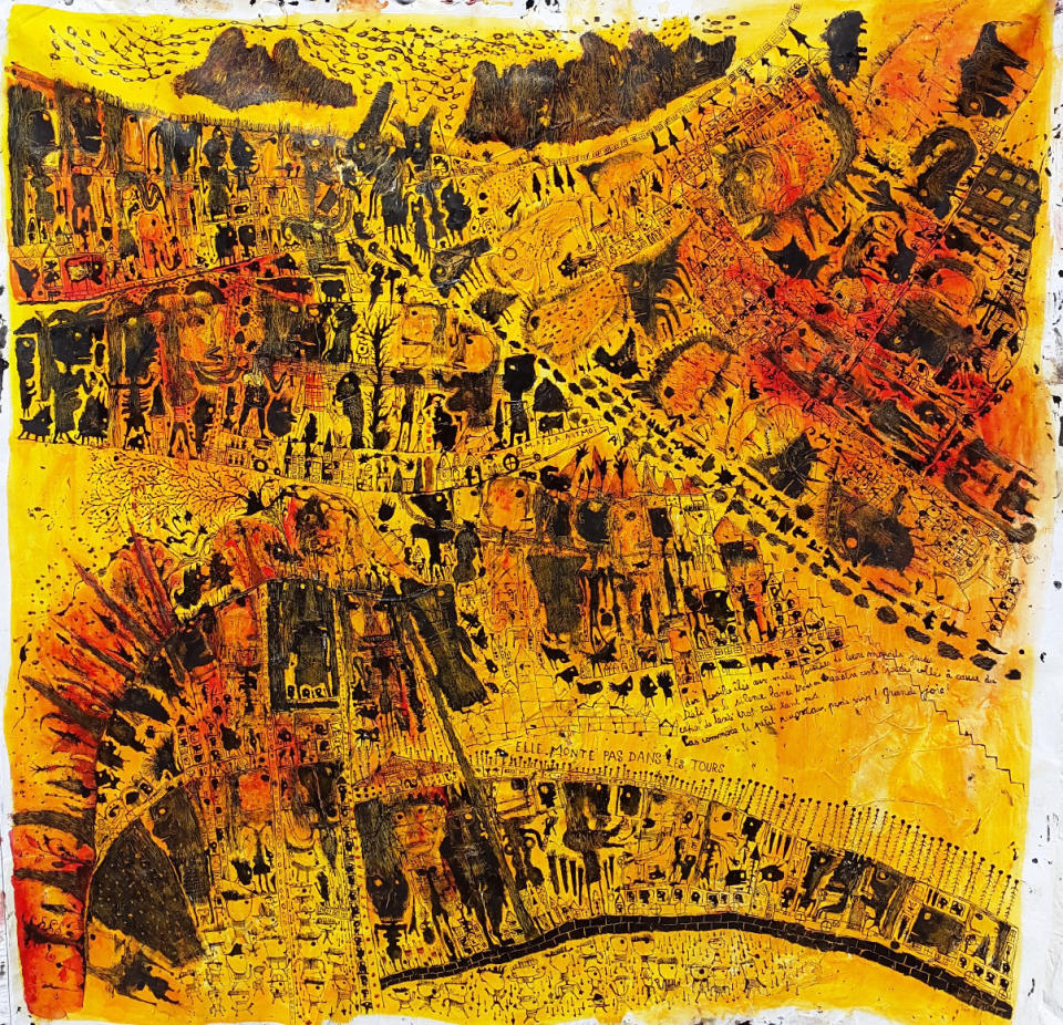 Philippe AZEMA, Oritog&egrave;ne; Mixed Media on bed sheet mounted on paper; 125 X 125 cm