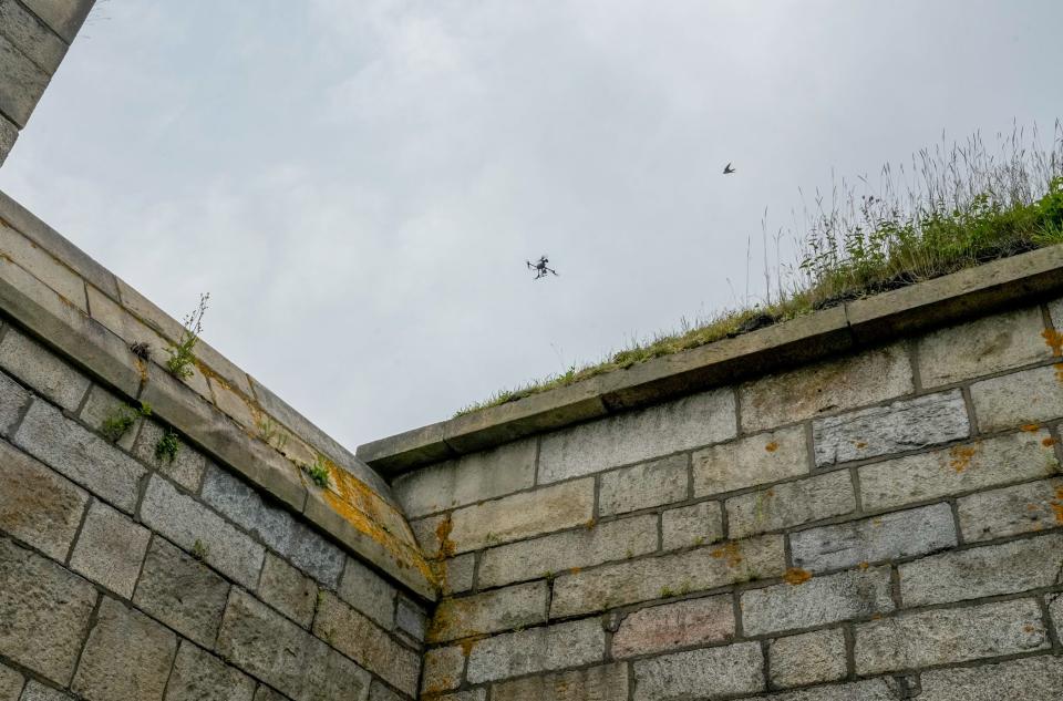 A state police drone hovers over Fort Adams as troopers mapped out their aerial surveillance plans for Newport's summer music festivals.