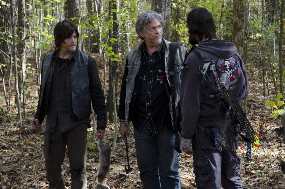 <p>Dude was gonna watch as his men raped and murdered Carl and Michonne, then murdered Rick and Daryl. Rick’s nosh on Joe’s jugular stopped all that, but still, Joe? He definitely claimed the title of Very Bad Man.<br>(Photo: AMC) </p>