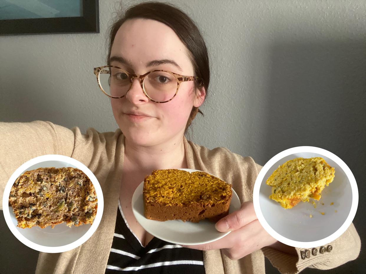 Food writer Paige Bennett with three different kinds of pumpkin bread.