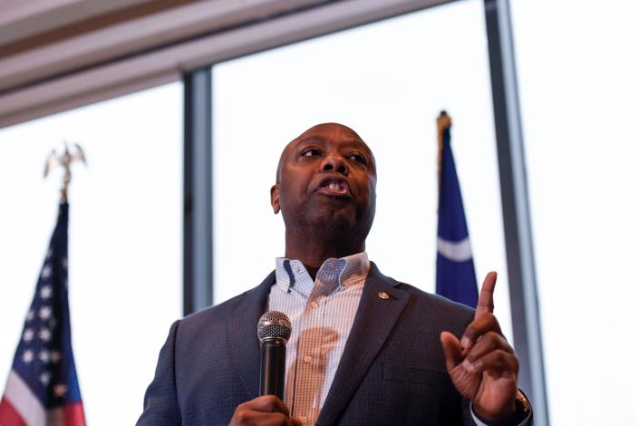 Sen. Tim Scott speaks at an event with  Fourth District Republican Club at the Commerce Club in Greenville, S.C., on Friday, May 12, 2023. 