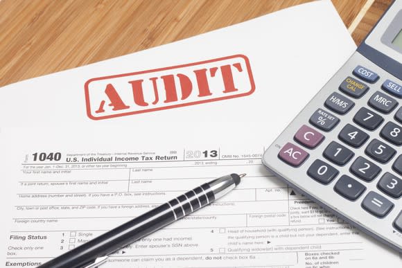 Calculator, pen, tax return, and paper marked "audit" on a wood desk.