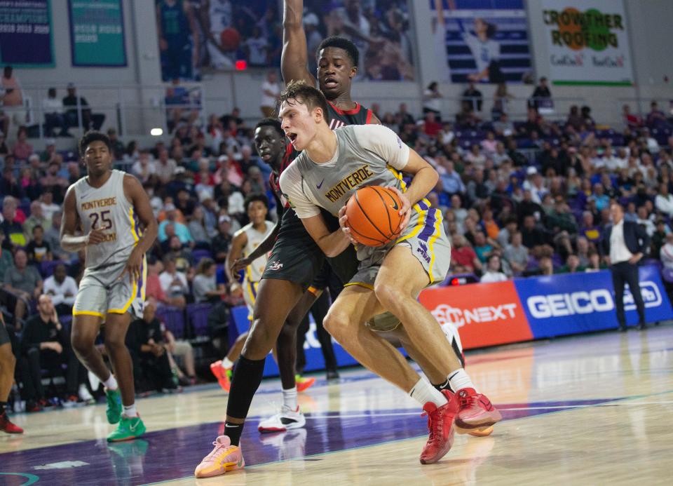 Cooper Flagg of Montverde Academy drives to the basket during the championship game of the City of Palms tournament against Long Island Lutheran at Suncoast Credit Union Arena on Saturday, Dec. 23, 2023. Montverde won.