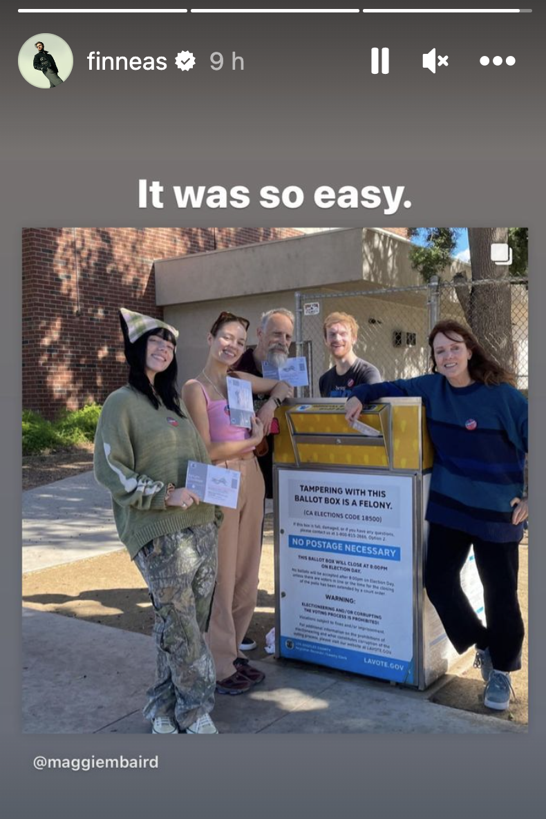 Eilish dropped off her ballot alongside brother Finneas, his girlfriend, Claudia Sulewski, and their parents, Patrick O&#39;Connell and Maggie Baird. (Photo: Finneas/Instagram Stories)