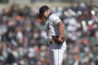 Detroit Tigers pitcher Alex Lange (55) reacts after walking in a run against the Minnesota Twins in the 12th inning during the first baseball game of a doubleheader, Saturday, April 13, 2024, in Detroit. (AP Photo/Paul Sancya)