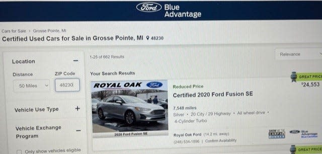 A snapshot from the online shopping site fordblueadvantage.com taken Thursday, Jan. 27, 2022. Ford is offering a money back guarantee to used car shoppers starting in February.