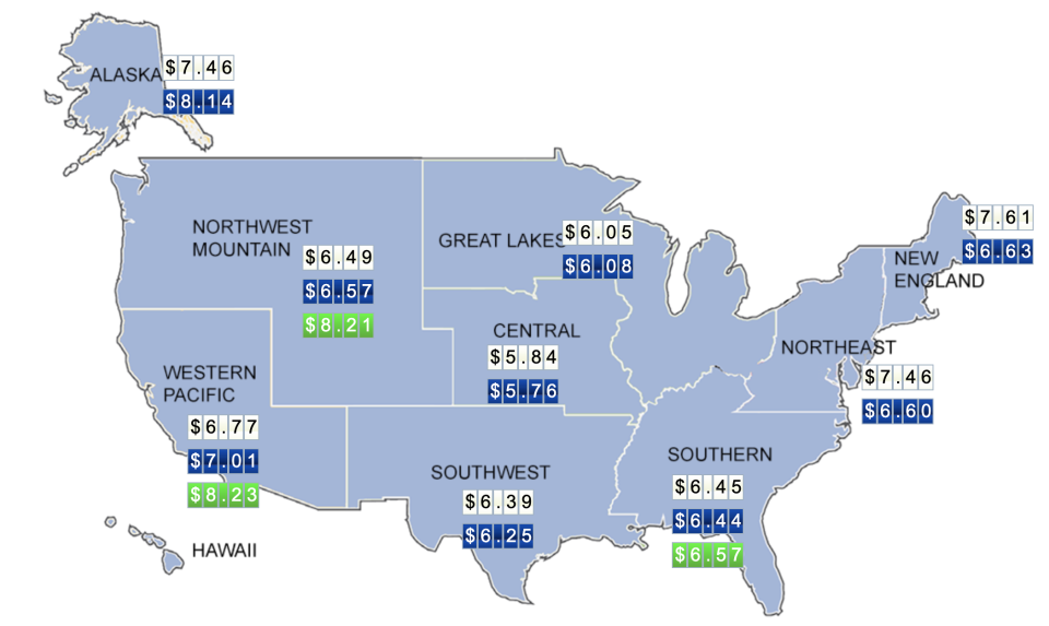 Aviation fuel is at its highest in New England, the Northeast, and Alaska. (Map: GlobalAir)