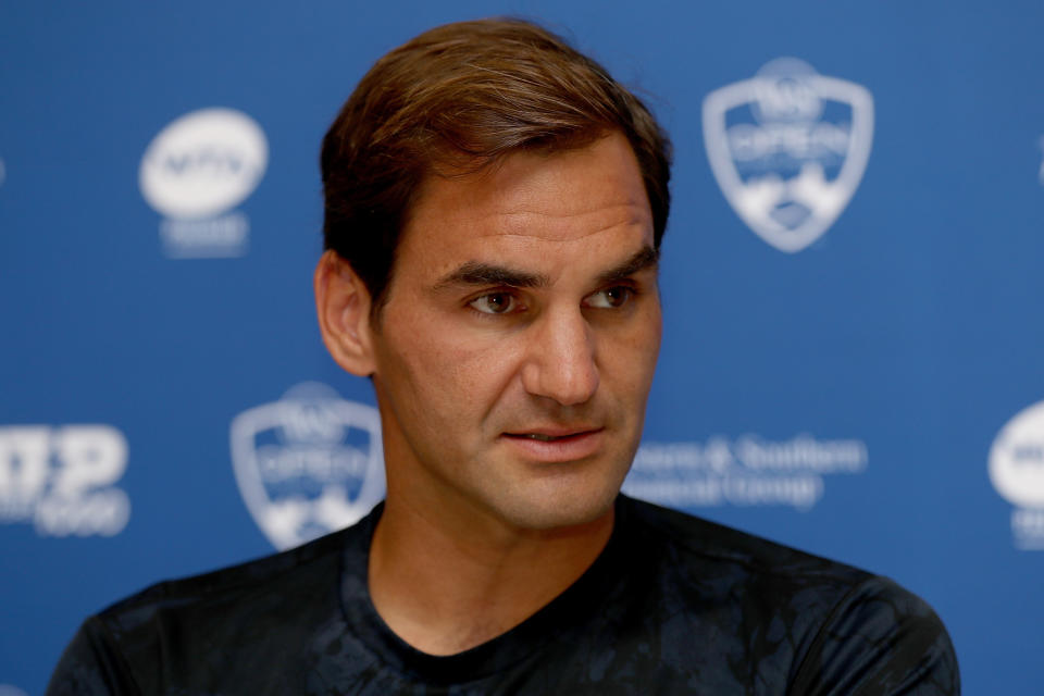 MASON, OHIO - AUGUST 11: Roger Federer of Switzerland fields questions at a media round table during the Western & Southern Open at Lindner Family Tennis Center on August 11, 2019 in Mason, Ohio. (Photo by Matthew Stockman/Getty Images)