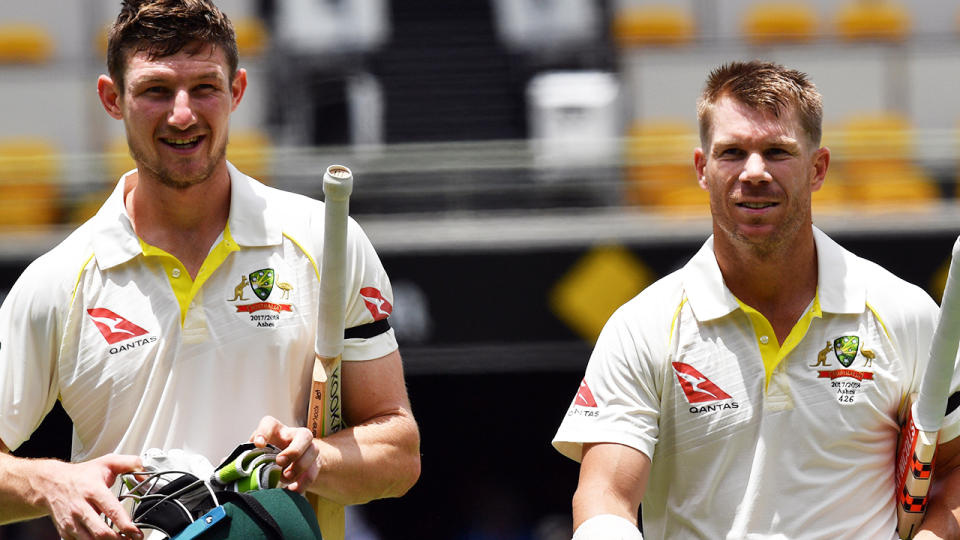 Cameron Bancroft and David Warner in 2017. Image: SAEED KHAN/AFP/Getty Images)