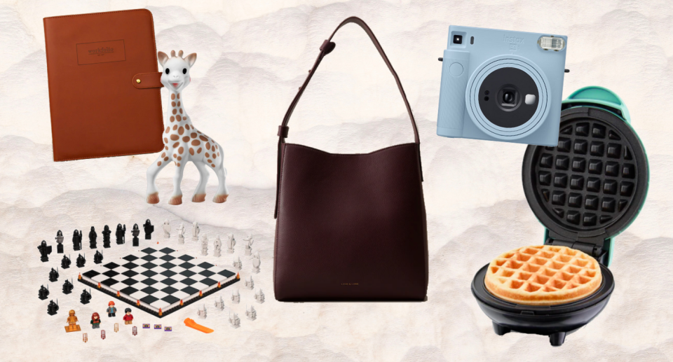 Collage featuring Sofie the Giraffe, handbag, LEGO chess set, notebook, waffle maker and instant camera