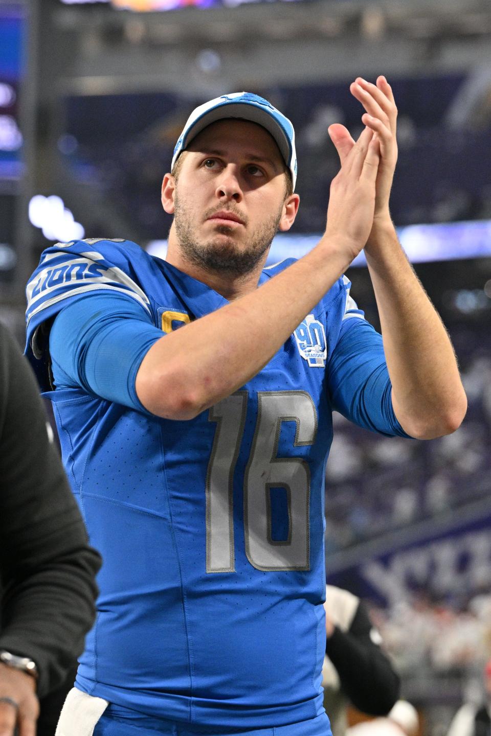 Lions quarterback Jared Goff walks off the field after the Lions' 30-24 win over the Vikings on Sunday, Dec. 24, 2023, in Minneapolis, to clinch the NFC North Division.